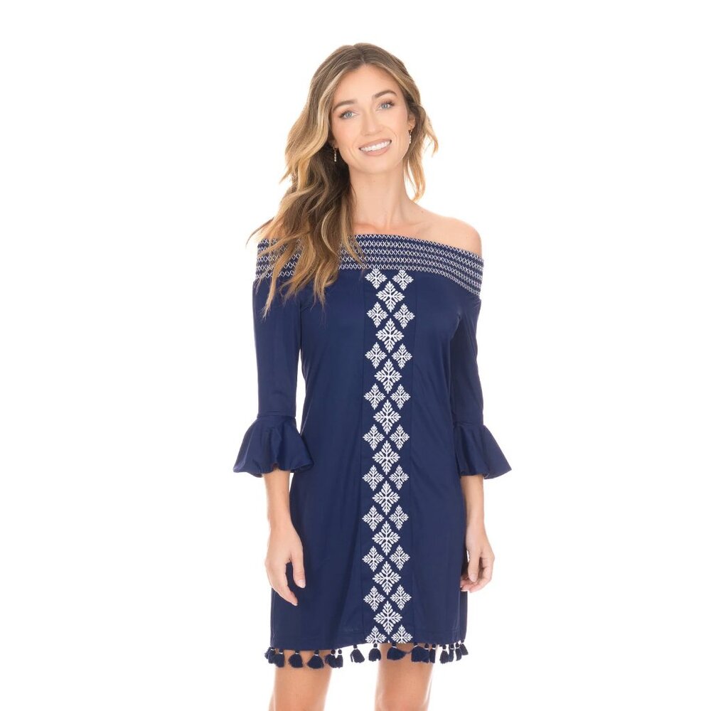 CABANA LIFE/Navy Embroidered Off The Shoulder Mini Dress Coverluxe Smocked Med - Picture 3 of 14